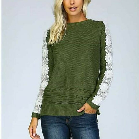Listicle Sweaters - Olive Green Cable Knit Lace Sweater